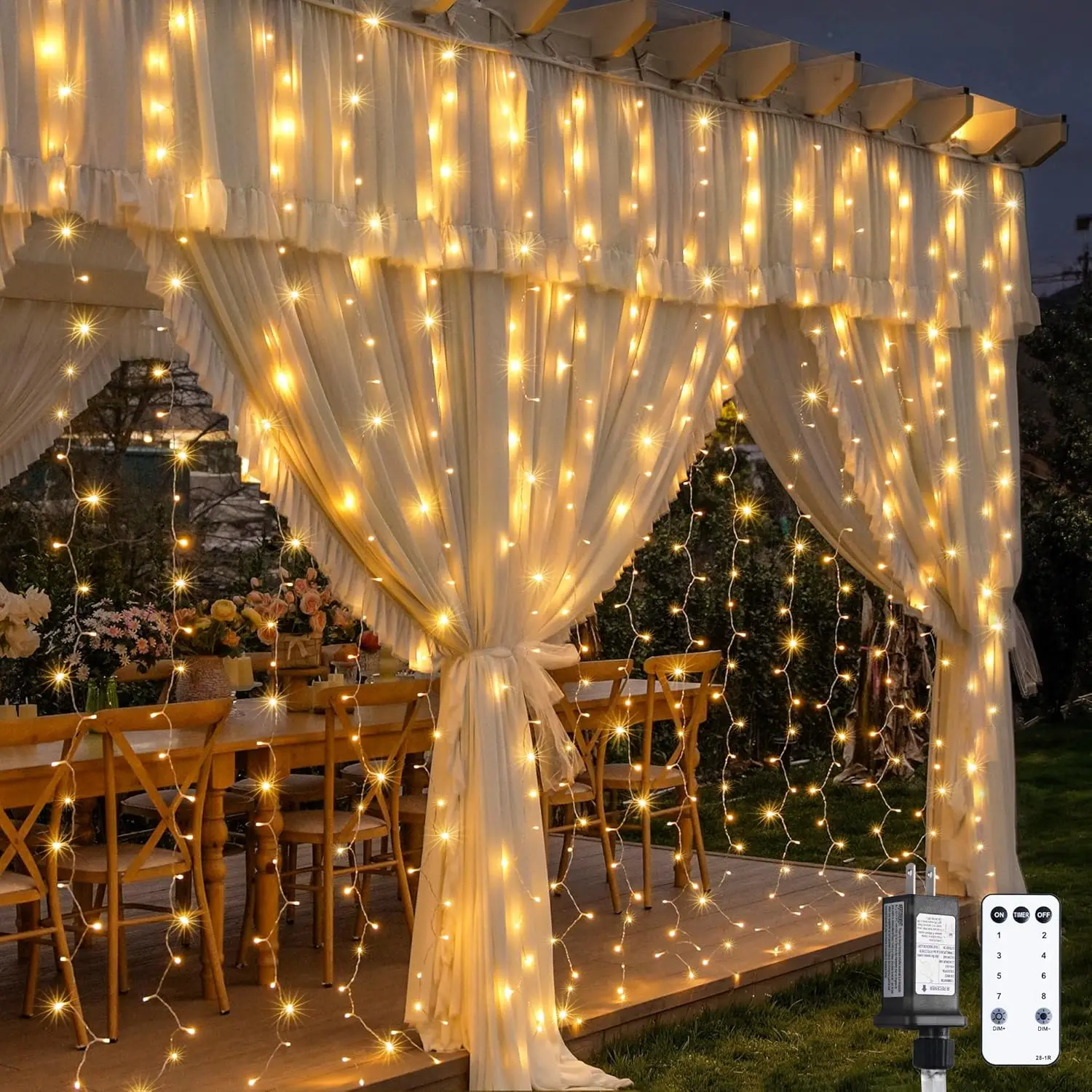 

Светодиодная гирлянда-штора для улицы, 900 LED, 9.5x29.5 футов, с пультом ДУ, 8 режимов, теплый белый свет, для декора на Рождество и свадьбу