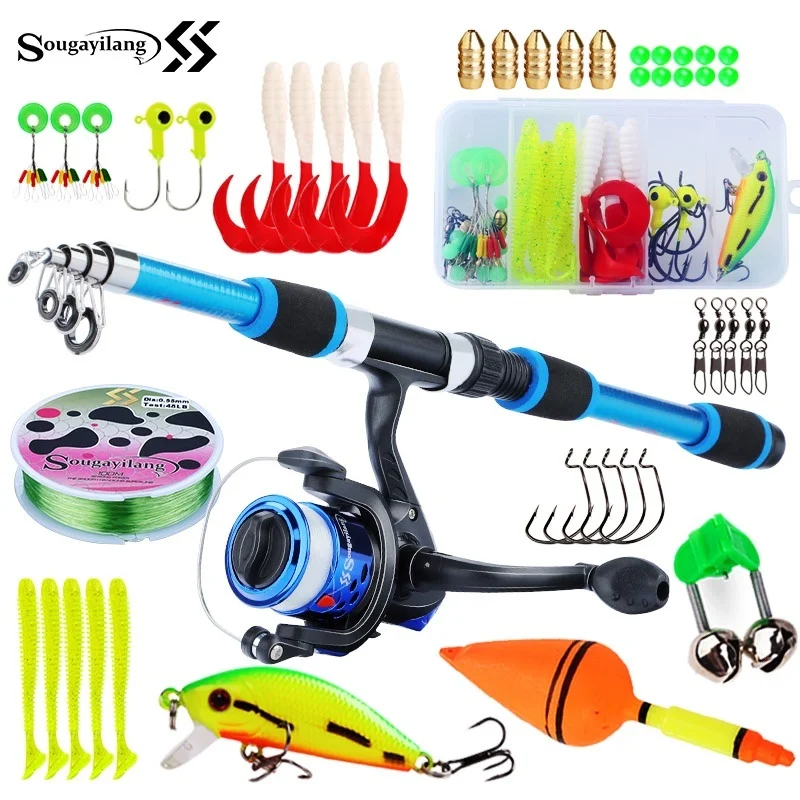 Sougayilang Kids Fishing Pole Set Full Kits with Telescopic Fishing Rod and Spinning Reel Baits Hooks Saltwater Travel Pole Set