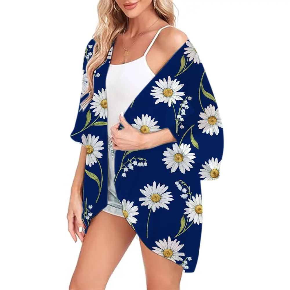 Elegancki szyfonowy strój kąpielowy peleryny kwiatowy Print Kimono Cover Up Cardigan Shirt Tops Fashion Casual Resort Wear strój kąpielowy bluzka