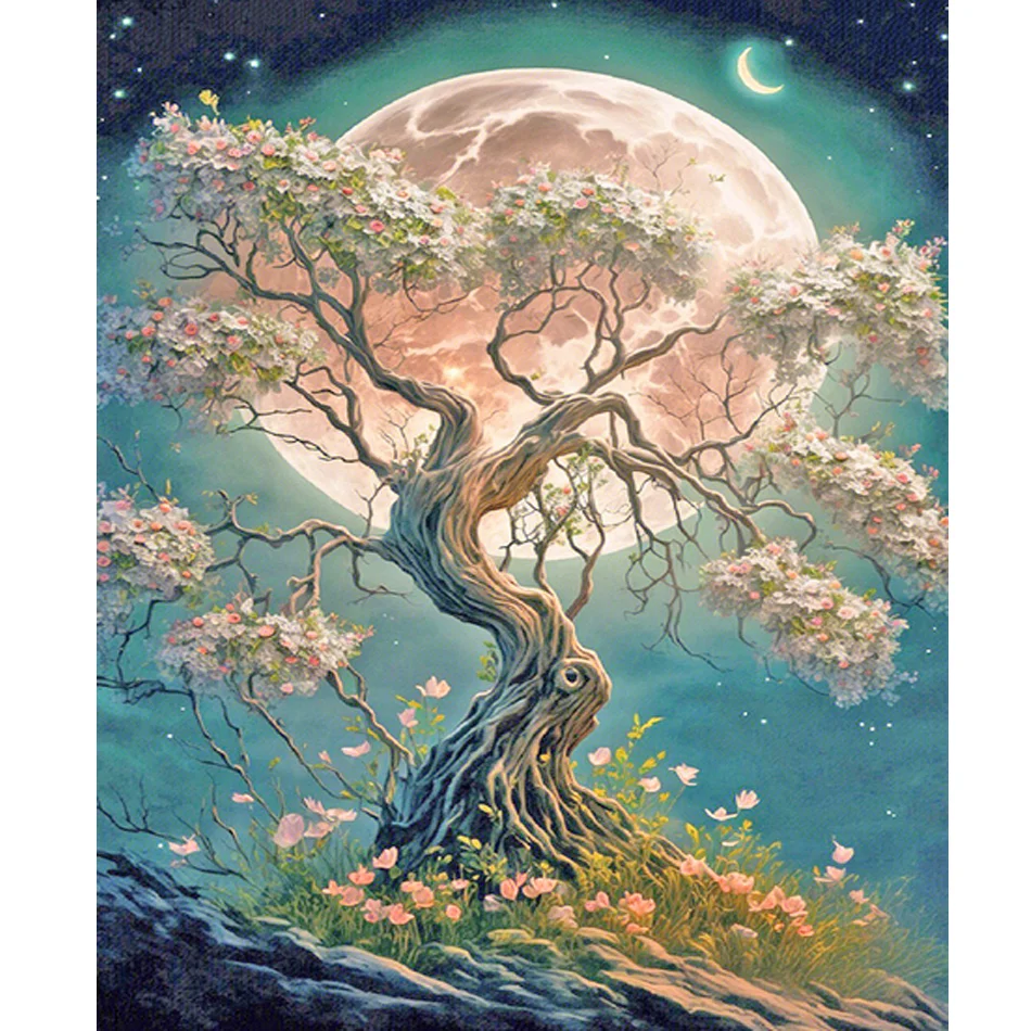 

RUOPOTY Frame Paint By Numbers Tree And Moon Landscape Diy Acrylic Drawing On Canvas Paint By Numbers Kits For Wall Decor