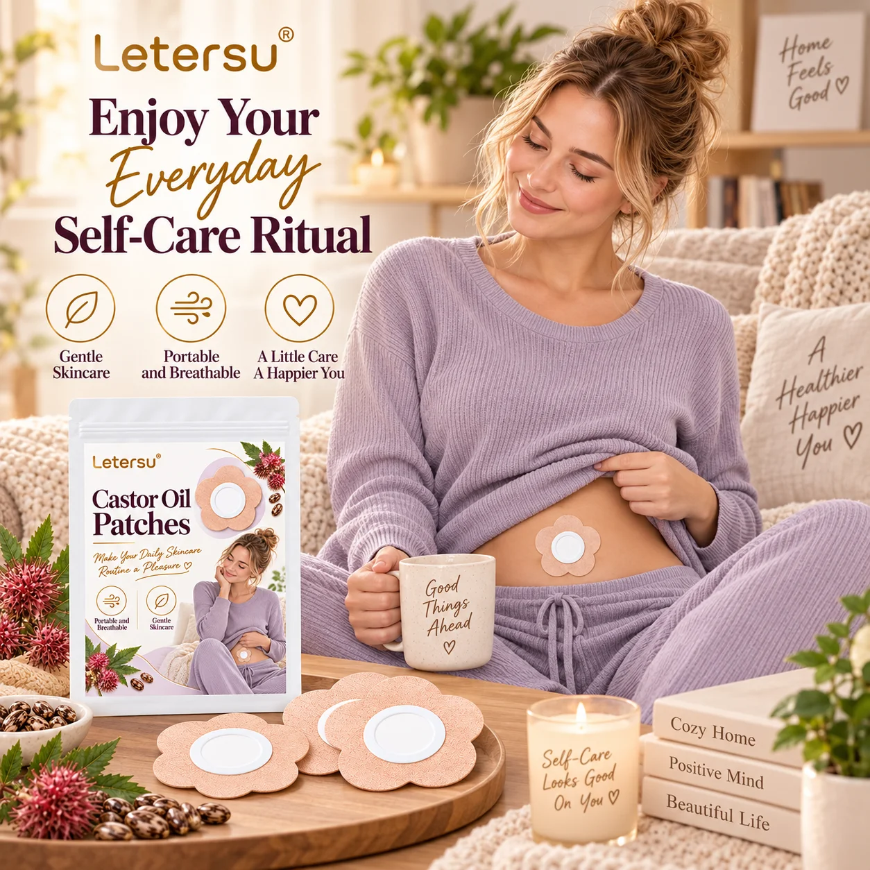 50PCS Castor Oil Patches for Belly, Flower Shape Body Care Pads, Breathable Comfortable Skin Patches for Daily Skincare
