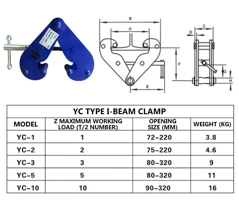 1-5Ton الصلب المشبك السكك الحديدية كليب القابض السكك الحديدية المشبك ل سلسلة كتلة رافعة YC نوع I-شعاع أسلاك الفولاذ حبل رافعة المشبك جزء