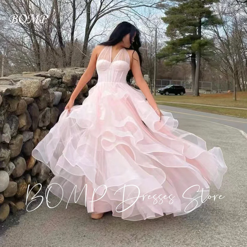 

BOMP Elegant Pink Wedding Dress Halter Sleeveless A-Line Multi-layered Organza Ruffles Evening Party Bridal Gown Customized
