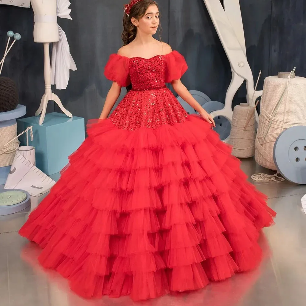 

Red Flower Girl Dresses For Wedding Tulle Floor Length Sequins Tiered Off Shoulder Birthday Party First Communion Ball Gowns