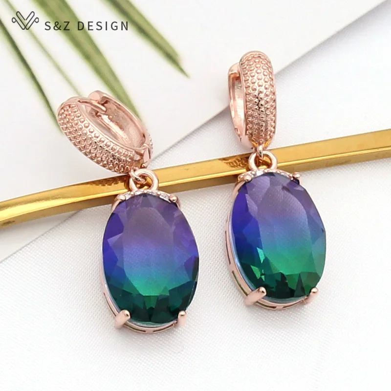 S&Z DESIGN Fashion Oval Egg Shape Imitation Tourmaline Dangle Earrings For Women Wedding Party 585 Rose Gold Color Jewelry