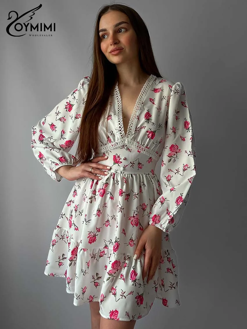 

Oymimi модное белое женское платье с принтом, элегантное кружевное платье на молнии с рукавами-молнией, осенние новые плиссированные мини-платья с высокой талией