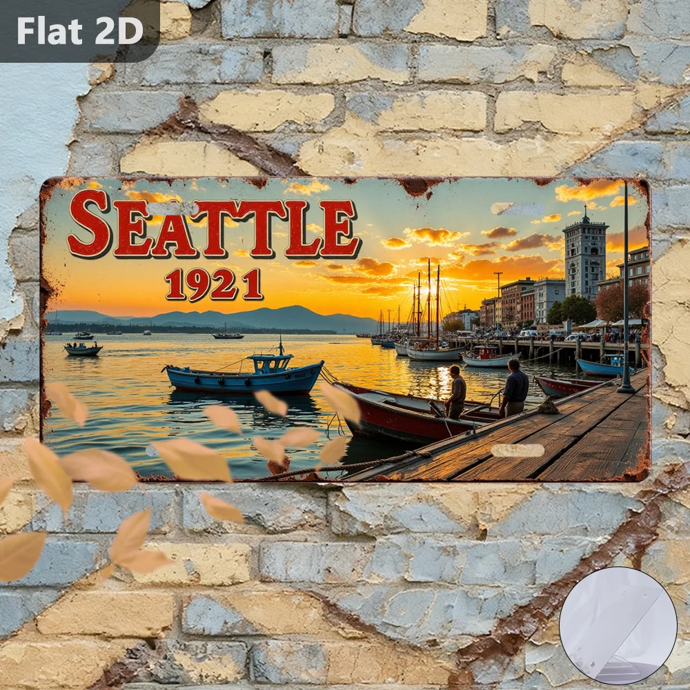 Vintage Seattle Sunset Blechschild 12x5,9 Zoll, Wanddekoration für den Außenbereich, Boot-Souvenir-Geschenk
