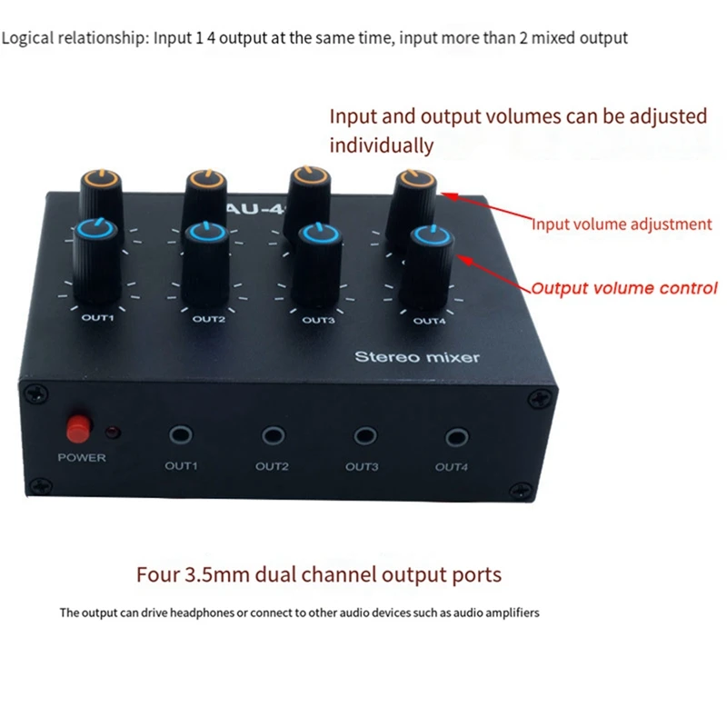 AU-404 Stereo Sound Four Multi Input Output Mixer Dual Channel Audio Music Mixing Four In Four Out Easy To Use