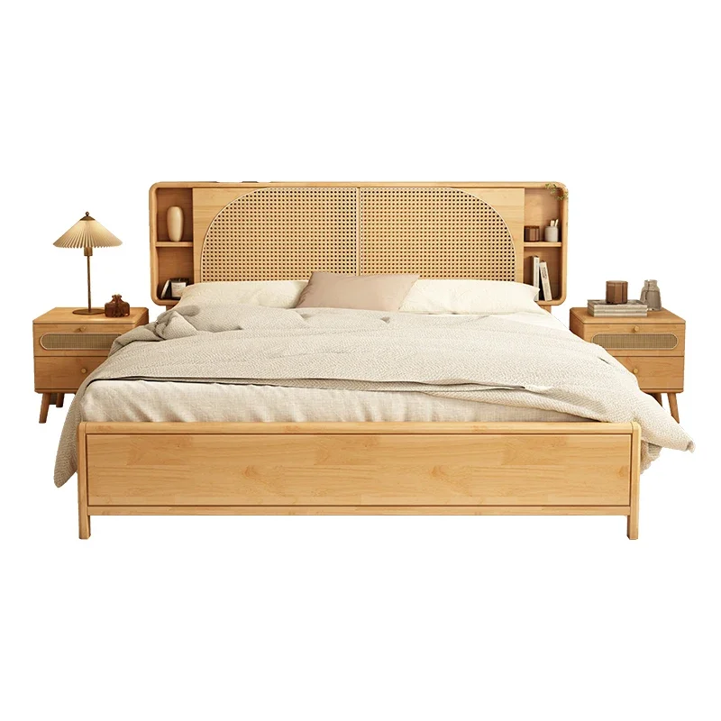 Rattan woven solid wood bed cream wind 1.8m double light white Nordic simple Japanese 1.5m high storage rattan bed