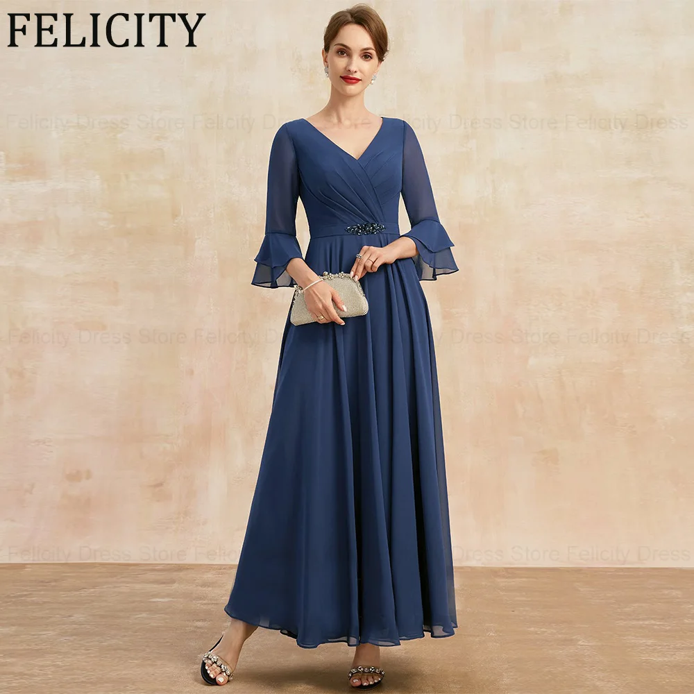 

FELICITY Mother of the Bride Dresses 2024 A-line V-Neck Wedding Guest Dresses Chiffon Beading Pleated Ankle-Length Evening Gowns