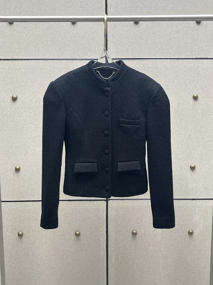 Women Solid Stand Collar Wool Coat, Single Breasted Multi Pockets Versatile Autumn Winter Short Jacket