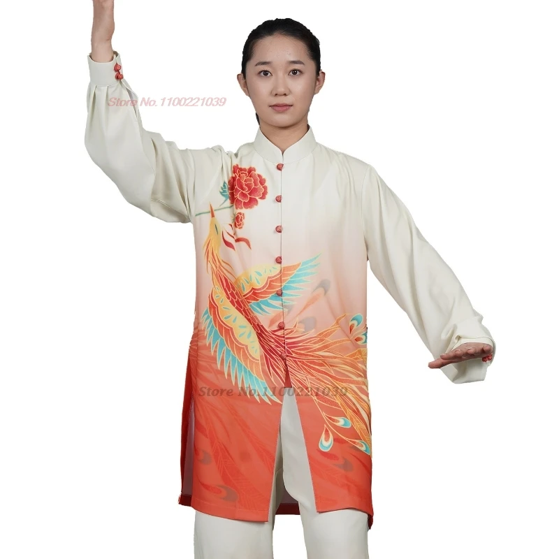 2026 chinese tai chi wushu taiji uniform morning exercise phoenix print tops+pants set training exercise stage performance suit view 5