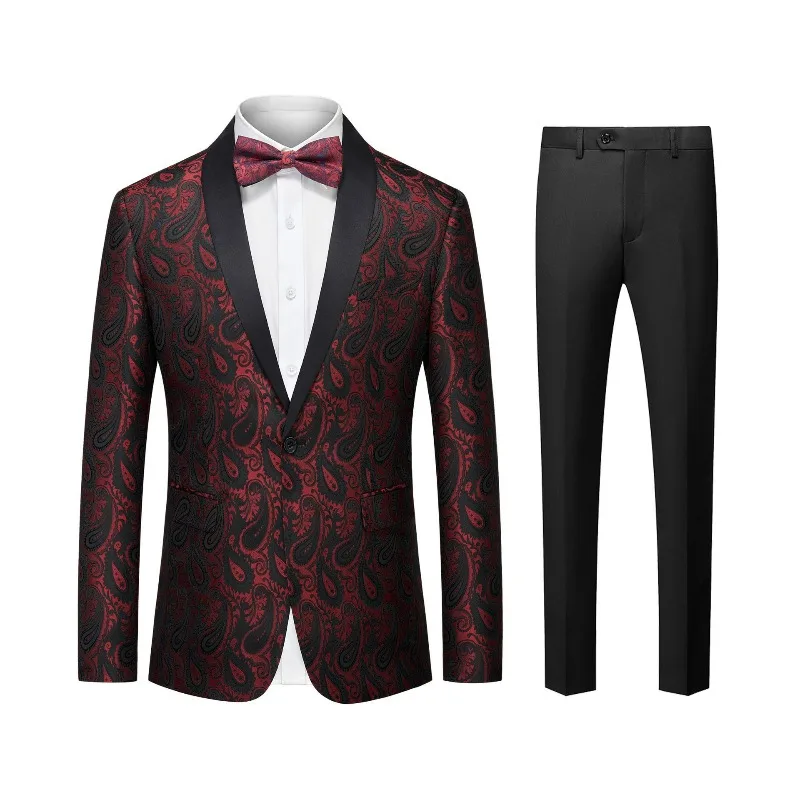 

KIDWHXR Man Suit Outfit Slim Printed Single-breasted Blazer Male Straight-leg Pant Men British Style Wedding Groom 2-piece Set