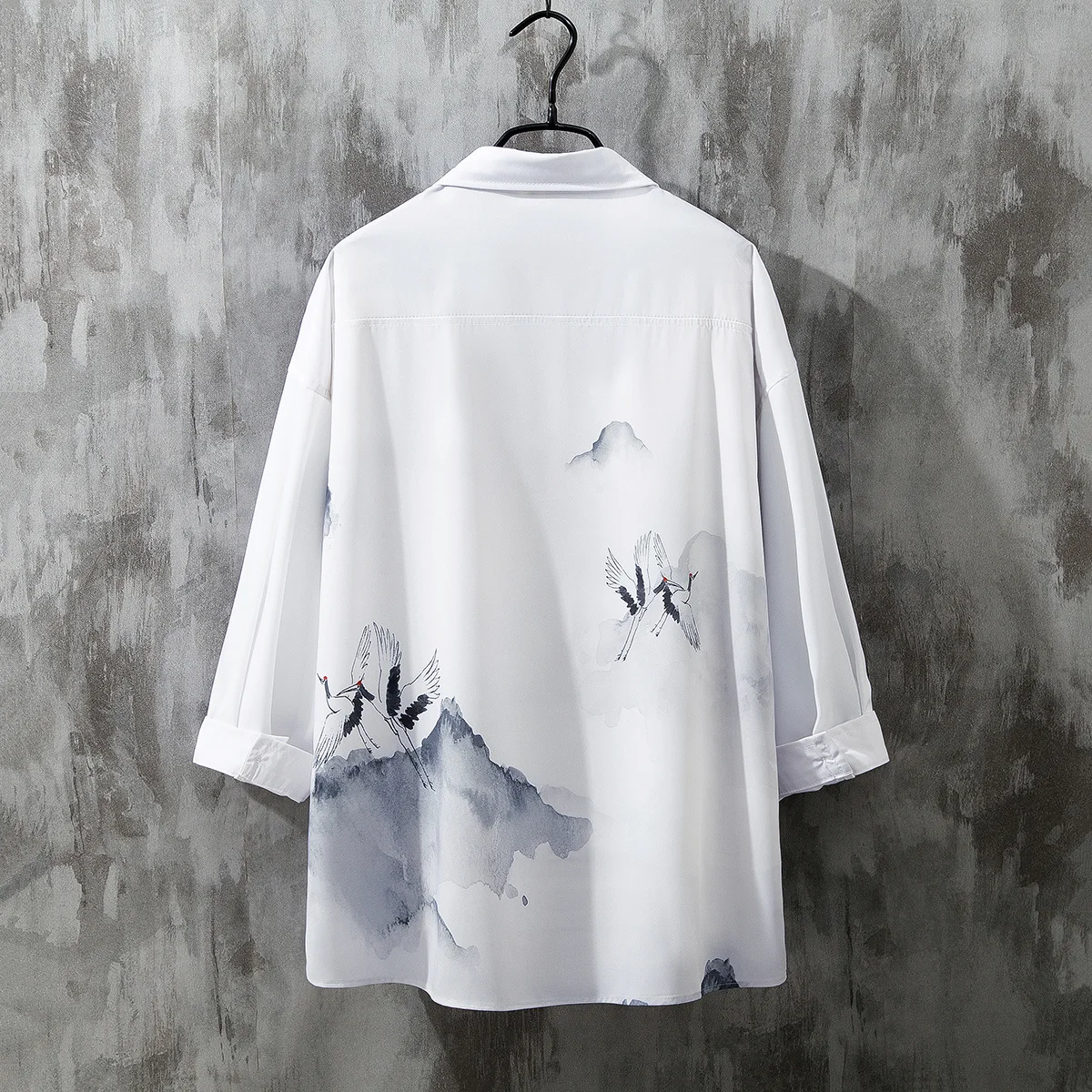 2022 Summer Chinese Style Crane Print Ice Silk Shirt Men'S Retro Thin Plus Size Tops Men Clothing Casual Oversized Short Sleeve