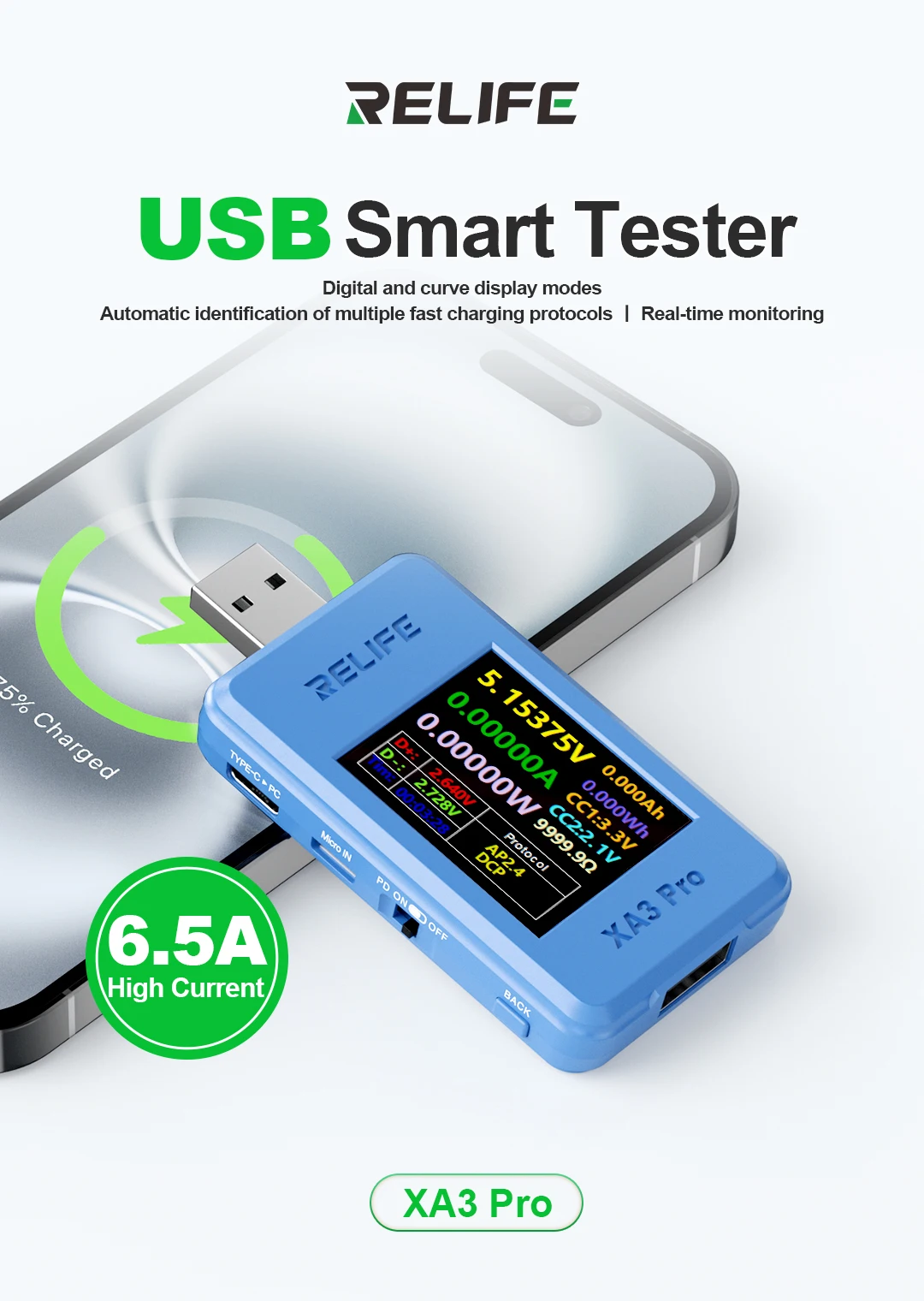 RELIFE USB Smart Tester/RELIFE XA3 Pro/Digital and curve display modes Automatic id of multiple fast charging protocols