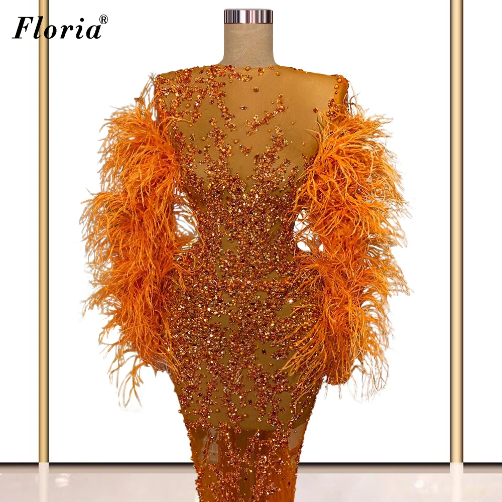 2 estilos laranja glitter vestidos de noite mangas compridas formal vestidos de noite ilusão celebridade vestidos de festa luxo