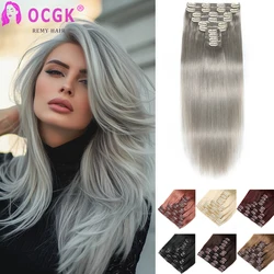 OCGK Clip In Human Hair Extensions Straight Grey Remy Human Hair Extensions Clips Highlight Brown 160g 14-28Inch 10Pcs/Set