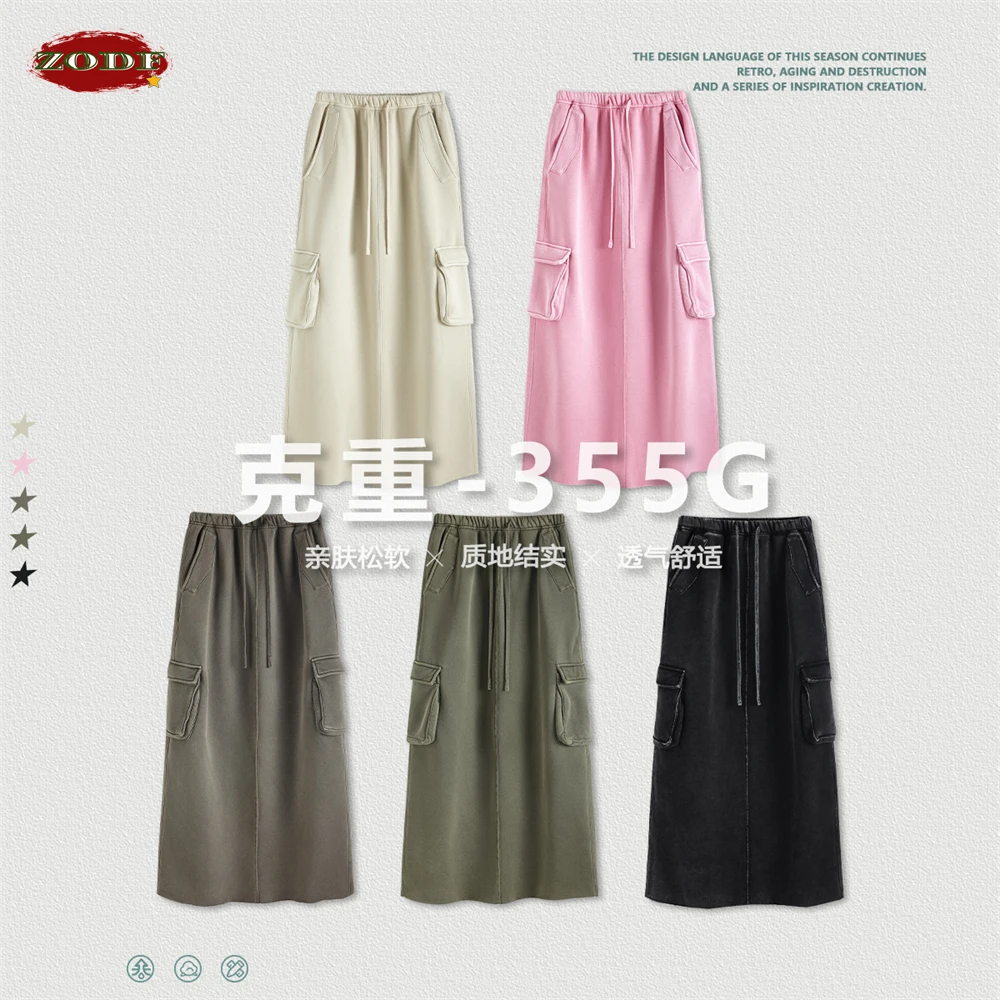 ZODF Women 2023 Winter Washed Fleece Long Skirt Retro Vintage Female Girls 355gsm Loose Slit Pockets Skirts Streetwears HY0644