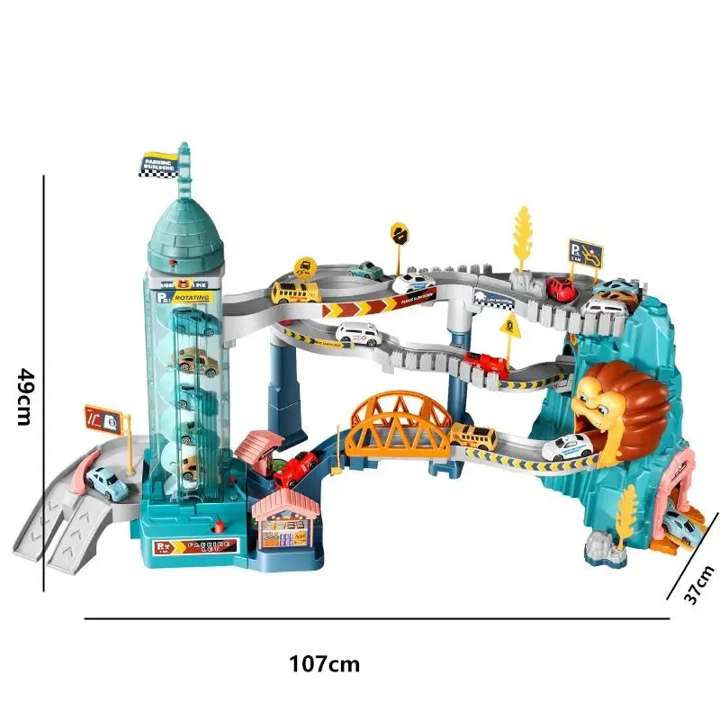 KBDFA-pista de coche con tema de León para niños, regalos de vacaciones, ruedas calientes de cumpleaños, juguetes educativos de carrera, coches ferroviarios de carreras