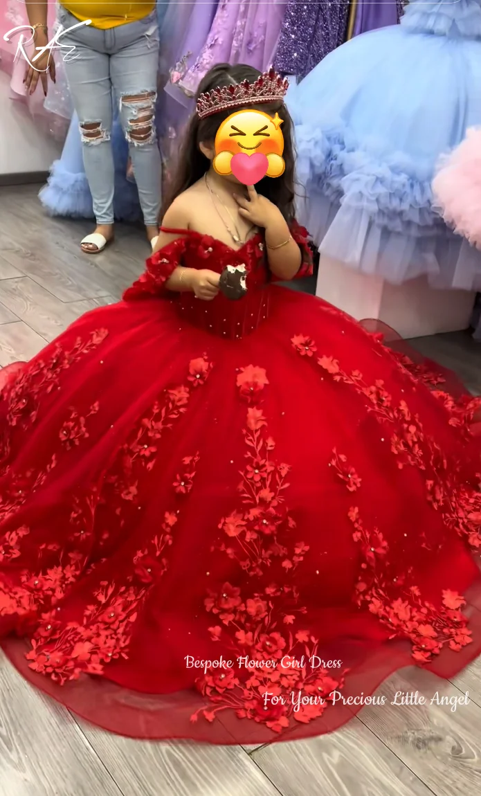 Red Flower Girl Dress Off‑Shoulder Puffy Short Sleeves 3D Floral Applique Tulle Floor Length Wedding Pageant Formal Gowns