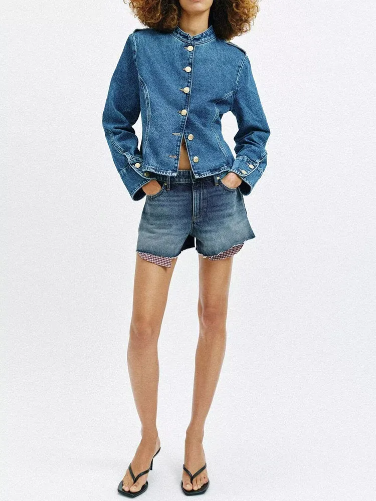 

Spring 2026 Women's Fashion Sweet Style Gold Plated Button Denim Jacket Versatile New Arrival Outerwear Long Sleeve Ladies Coat