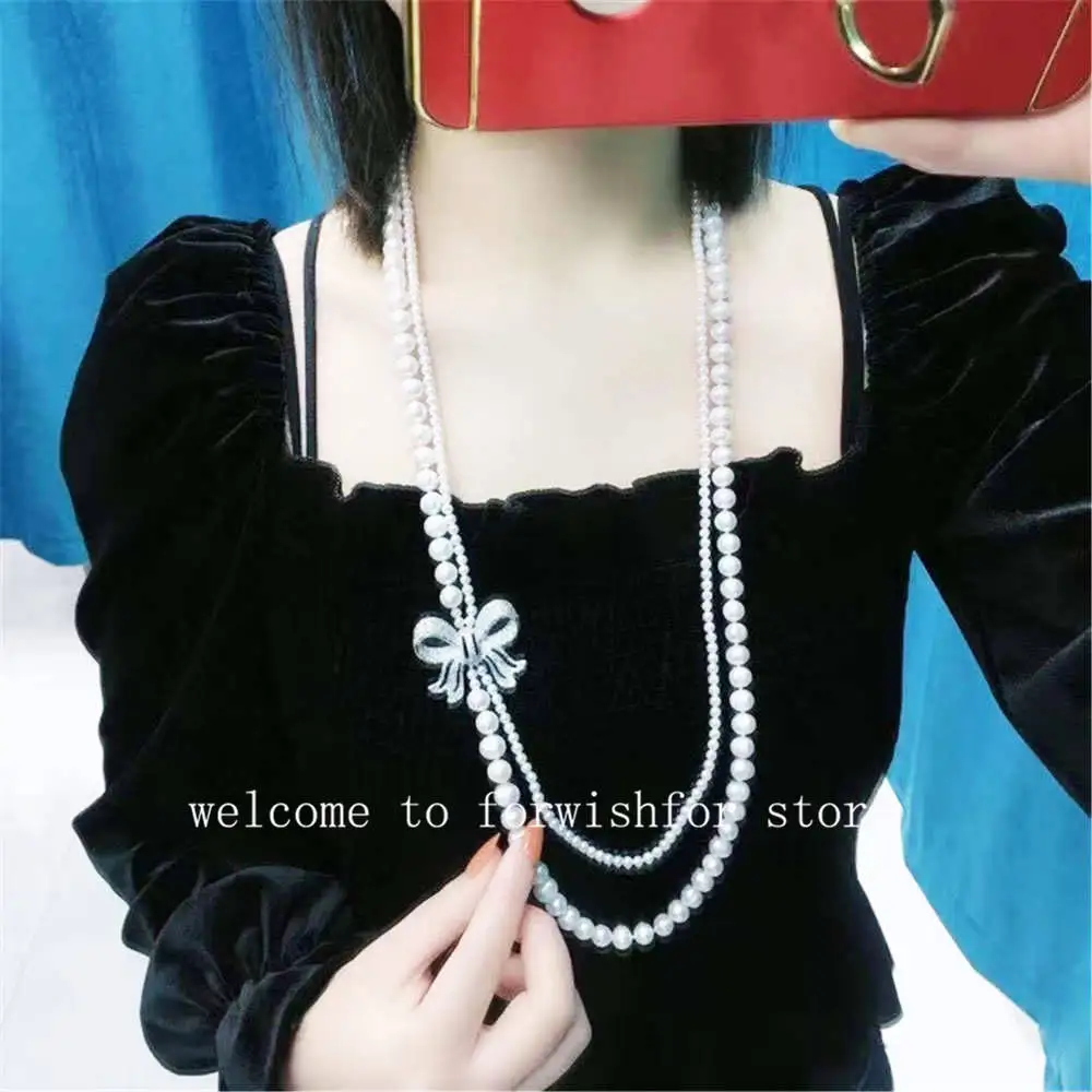 Double-layer Bow Sweater Chain 18k Gold-clad Craftsmanship Near-circle Slightly Flawed Pure Natural Pearl Sweater Chain