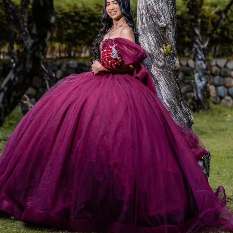 Vinho personalizado vermelho quinceanera vestidos fora do ombro lantejoulas cristal apliques laço arco cauda longa vestido 15 quinceanera
