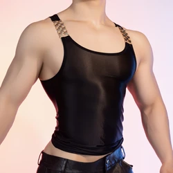 Men's Sexy Vest See Through Glossy Ultra Thin Tight Tops Fashion Metal Shoulder Strap Decoration Party Style Tights Vest