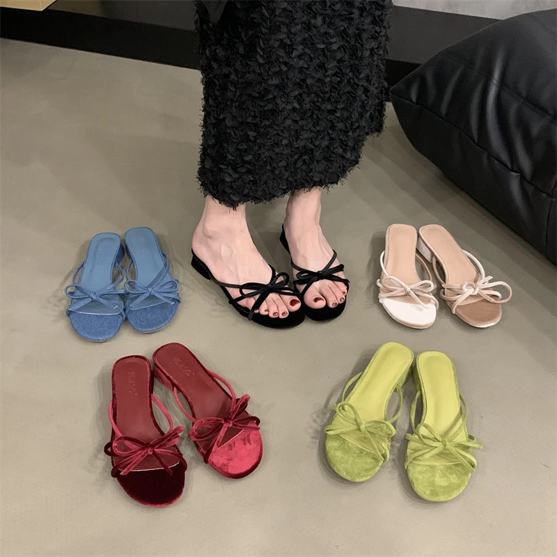 SUOJIALUN Summer New Brand Women Slipper Fashion Bow-knot Narrow Band Ladies Elegant Slides Square Low Heel Vaction Sandal