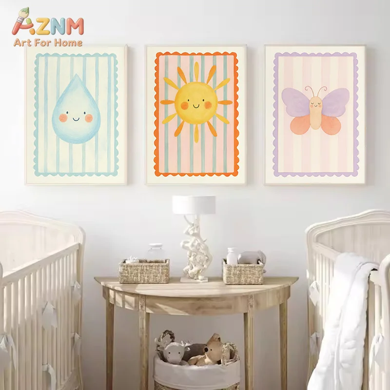 AZNM Cute Colorful Cartoon Canvas Wall Art Happy Sun Mushroom Butterfly Positive Quote Print Unframed Canvas Painting for Kids P