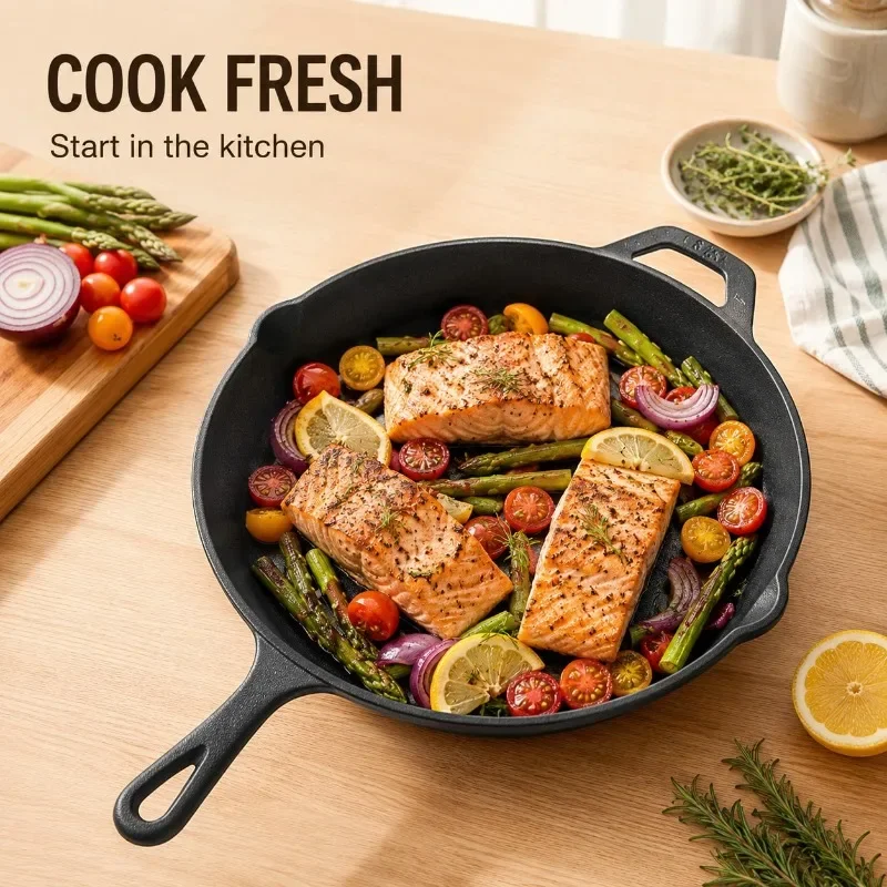 Cast Iron Skillet Set,3pcs Black Round Cast Iron Skillet Heavy-Duty Uncoated Frying Pan Set With Drip Spout,Non-Stick Cookware Set For Home Kitchen&Camping,Durable Pan Kit, Even Heat Distribution, Oven-Grill-Campfire, Ideal For Frying, Stir-Frying, Baking