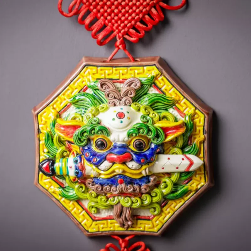 Ceramic Lion Biting Sword Wall Hanging Guardian Fu Foo Dog Feng Shui Auspicious Decor Traditional China Talisman with Red Tassel