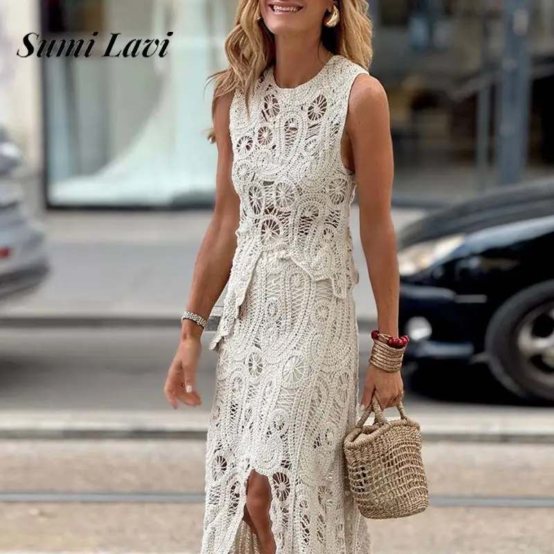 Women Casual Solid Irregular 2Pc Suit Fashion O-neck Sleeveless Vest Top & Long Skirts Outfits Elegant Crochet Hollow Lace Sets