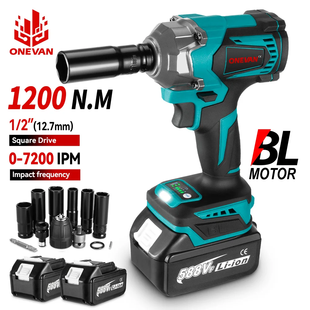 ONEVAN High Torque Brushless Electric Impact Wrench Cordless 1/2 inch Car Repair Screwdriver Power Tools for Makita 18V Battery