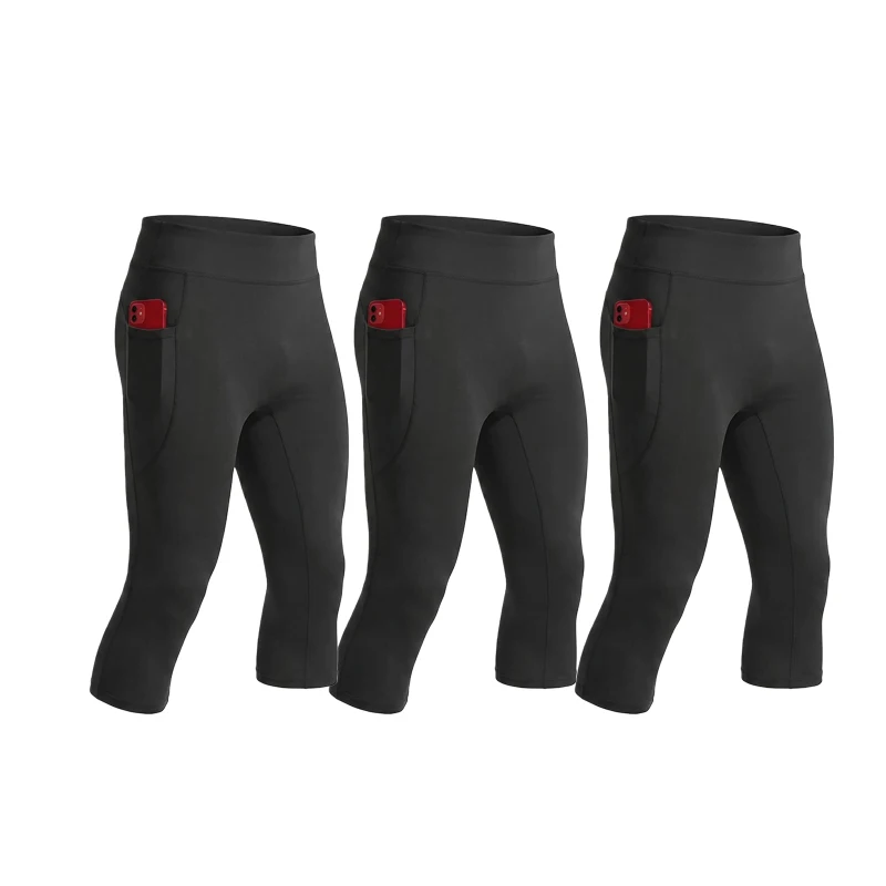 Men High Waist 7/8 Running Capri Pants With Pockets High Elastic Quick Dry Compression Tights Gym Fitness Cropped Trousers