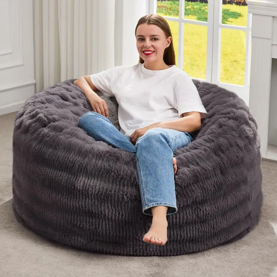 Bean Bag Chairs Beanbag Chair with Filler Adult Bean Bags with Fluffy Ripple Cover, Giant Bean Bag Chairs for Adults Dark Grey,