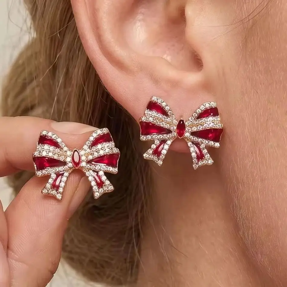 Colorful Christmas Santa Bow Rhinestone Dangle Earring for Women Sweet Wine Glass Star Candy Cane Earrings Xmas Jewelry Gift
