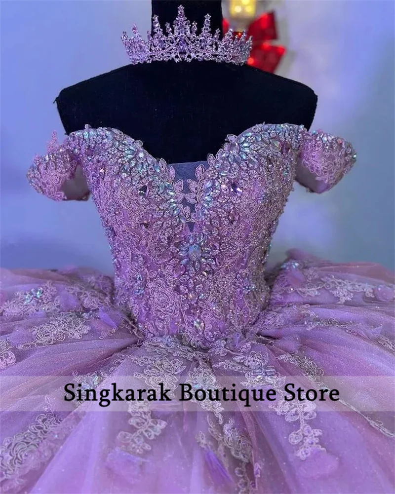 Pink Off Shoulder Beading Crystal Princess Quincenara Dresses Ball Gown Flowers Appliques Lace Sweet 15 XV  Customized