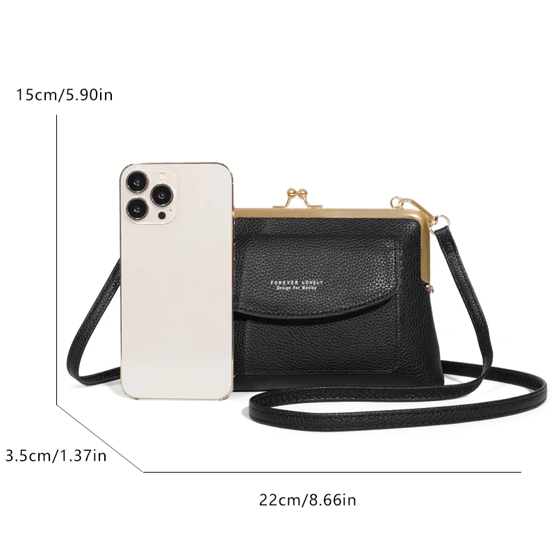 Women's Elegant PU Leather Clutch Wallet, Modern Kiss Lock & Zipper Design, Crossbody Bag With Adjustable Strap