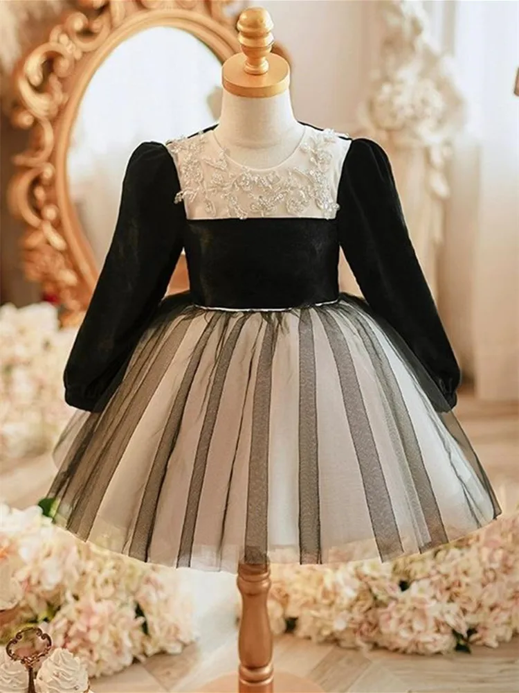 Dresses for Elegant Princess Girls Long Sleeve Girl Child Evening Dress Children Lace Tulle Ball Gown Kids Christening Clothes