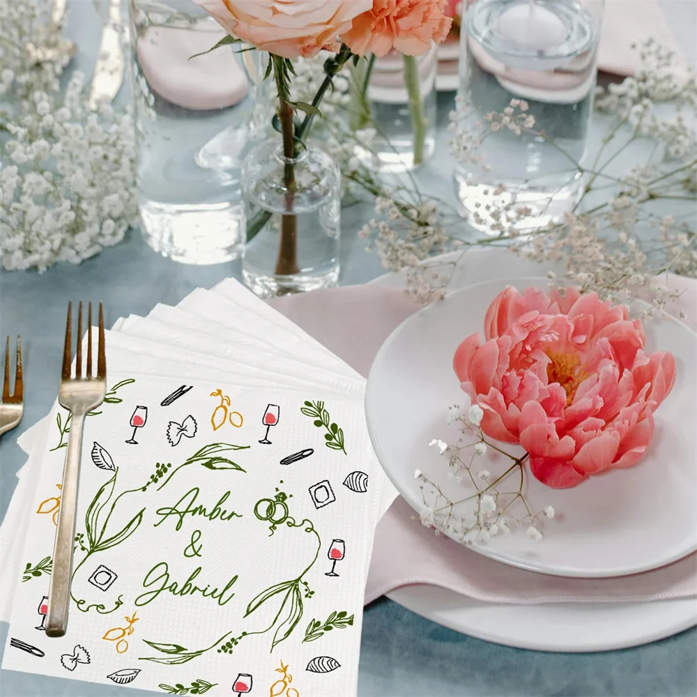 50PCS Unique Personalized Wedding Napkins With Couple Names, Colorful Hand Drawn Napkins, Dinner Bridal Shower Engagement Party,