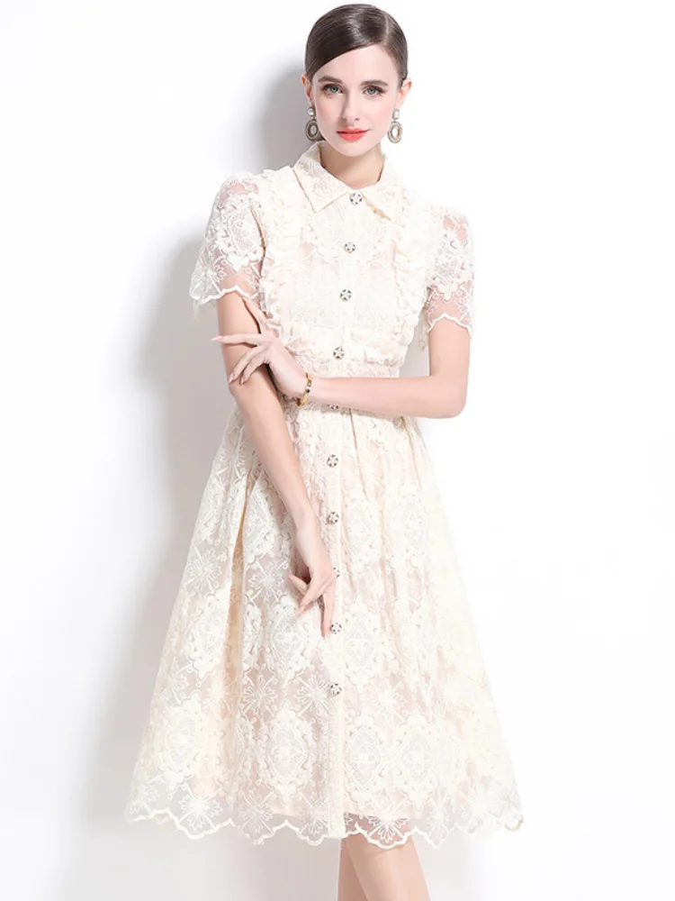 SMTHAM Round Neck Summer Dresses For Women Single Breasted High Waist Spliced Embroidery Solid Dress Female Fashion Clothing