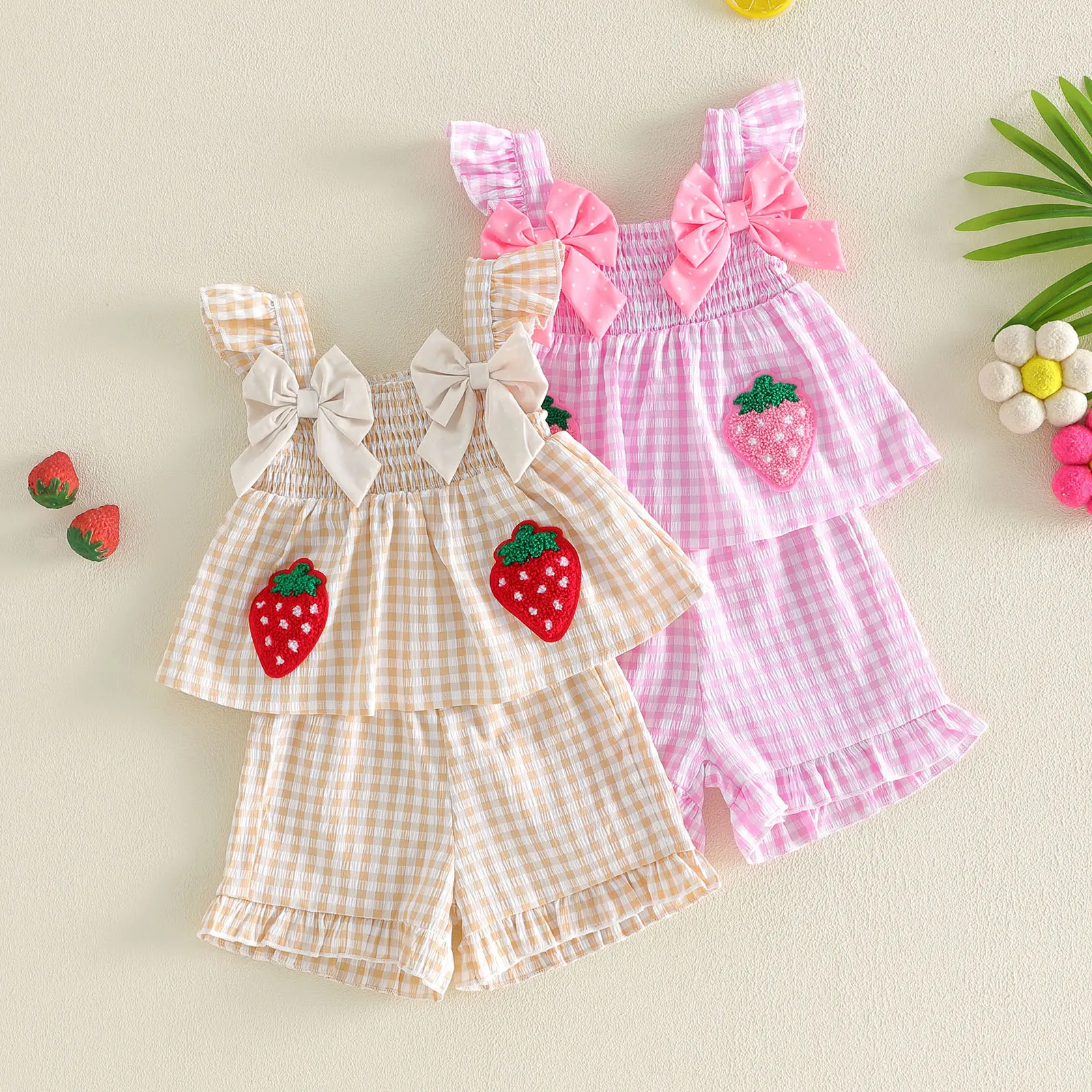 2026 Fashion Toddler Baby Girl Summer Outfit Strawberry Embroidered Plaid Bows Ruffled Trim Tank Tops and Shorts 2Pcs Baby's Set