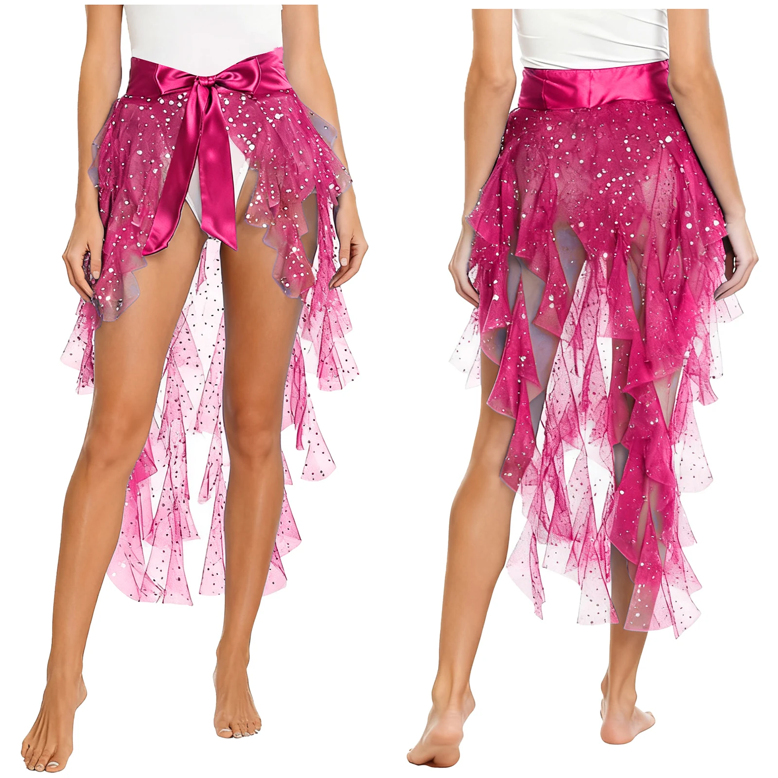 

Women Sheer Tulle Belly Dance Hip Scarf Ruffles Sequin Tiered Split Hem Satin Belt Waist Skirt Chacha Latin Tango Dance Costume