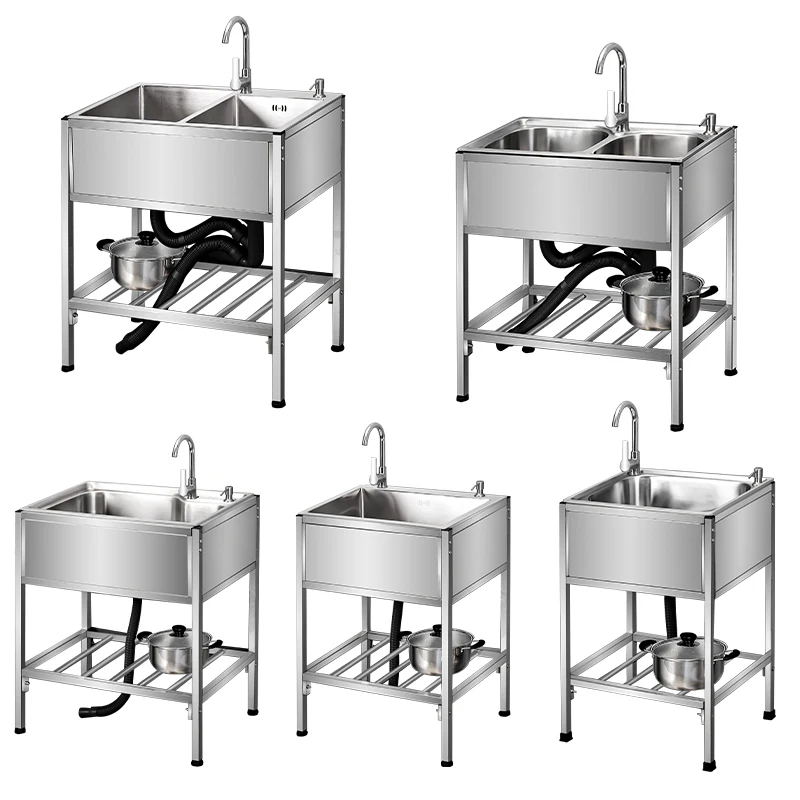 Kitchen Household 304 Stainless Steel Sink with Stand Floor Washing Basin Single Sink Double Slot Scullery Dishwashing Pool