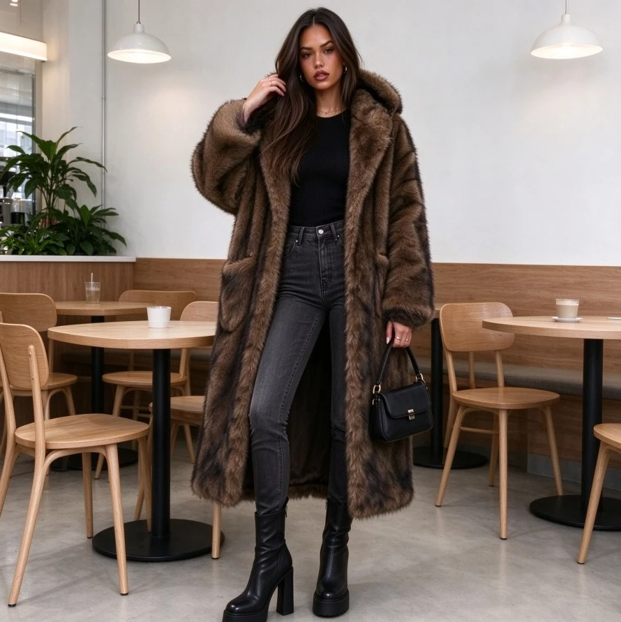 Fox Fur Women Faux Fur Hooded Outerwear Cardigan Solid Winter High Street Fit Pockets Spliced Loose Open Stitch Fur outwear 2026