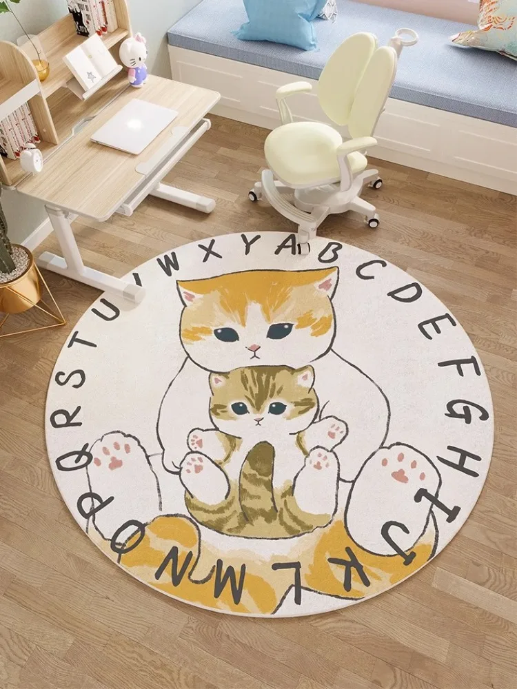 Round Living Room Large Area Carpet Cartoon Cat Bedroom Bedside Carpet Cute Girl Room Rugs Easy Care Coffee Table Balcony Rug IG