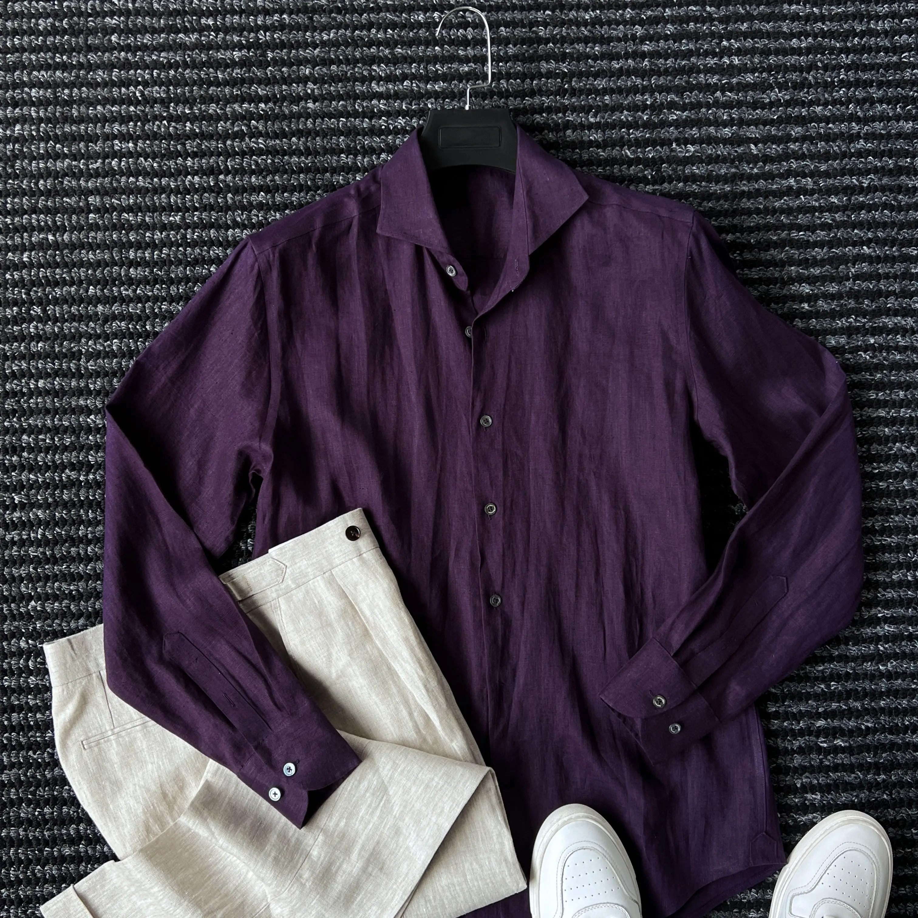 

Рубашка мужская из 100% льна, экстравагантная, фиолетовая, для джентльменов, для повседневной носки, нишевая модель, трендовая