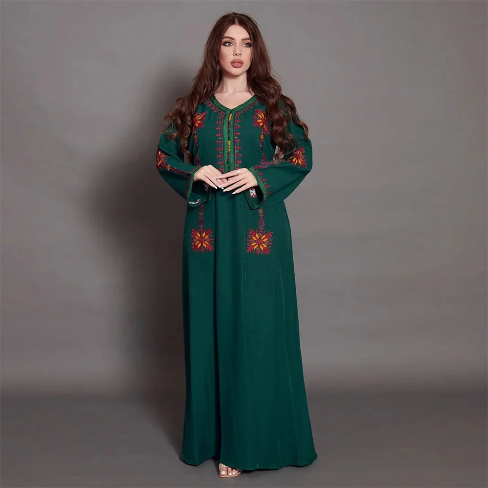 

Женское платье макси Eid Caftan, мусульманское платье, марокканский кафтан, Дубай, абайя, мусульманская одежда с вышивкой Jalabiya, арабское платье Рамадан, платья