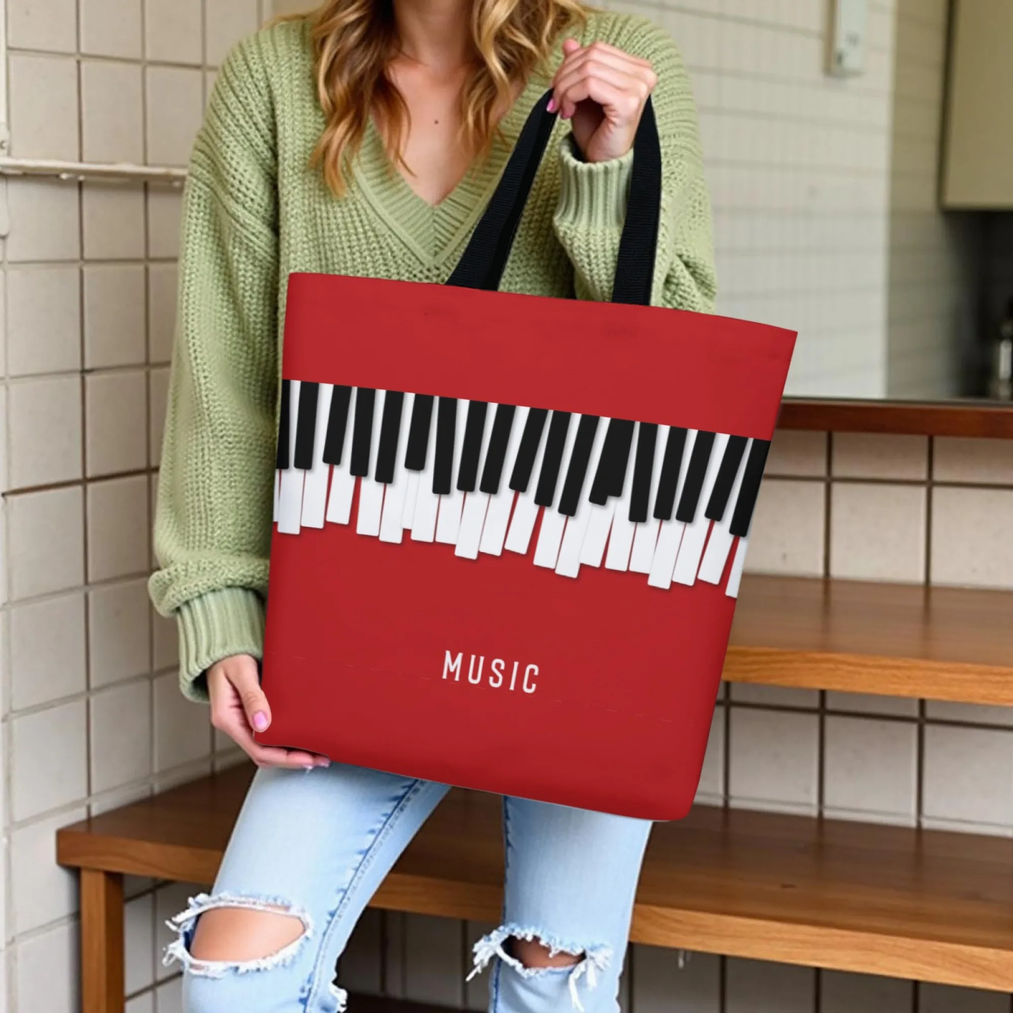 K-pop Music Trend Canvas Tote Bag Piano Keys Print Shoulder Bag Fashion Reusable for Musical Aesthetic Daily Commute & Artistic